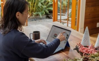 A woman engaged with a laptop utilizing account planning software.