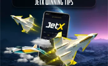 Three futuristic jets soar around a smartphone displaying the JetX game interface, with "JetX Winning Tips" showcased above for players seeking the best JetX strategies
