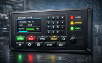 Graphic overlay HMI control panel with labeled buttons and LED indicators