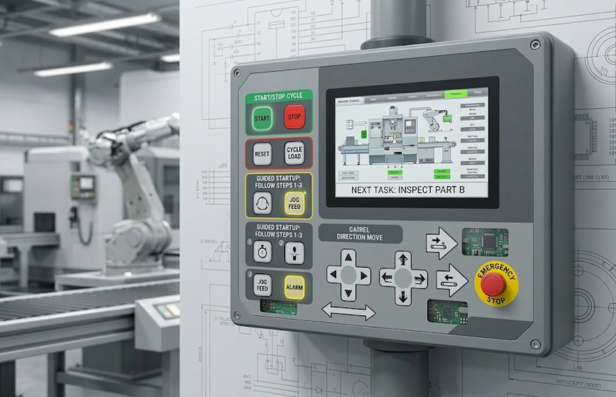 Industrial HMI control panel with graphic overlay interface
