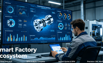 A modern smart factory control center with large data screens and an engineer reviewing an instant quote and DFM analysis on a tablet for online CNC machining services