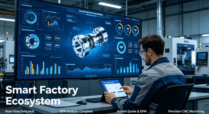 A modern smart factory control center with large data screens and an engineer reviewing an instant quote and DFM analysis on a tablet for online CNC machining services