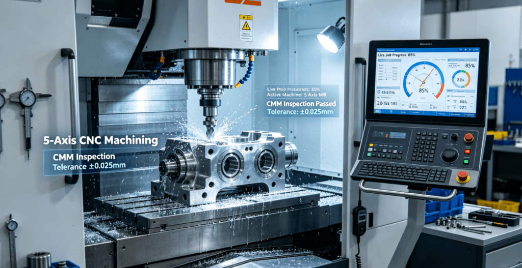 Close-up of a 5-axis CNC machine machining a complex part, with a live production dashboard on screen showing real-time progress and CMM inspection results