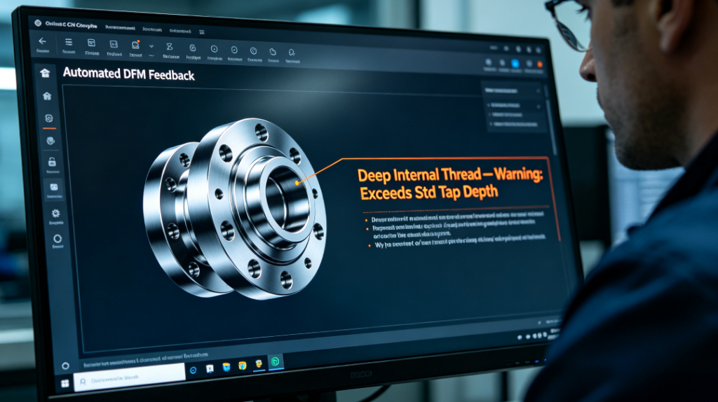 Close-up, realistic shot of a computer screen showing an online CNC turning quote platform with a 3D turned part model and an automated DFM warning highlighting "Deep Internal Thread — Exceeds Std Tap Depth" with cost-saving suggestion, labeled "Automated DFM Feedback